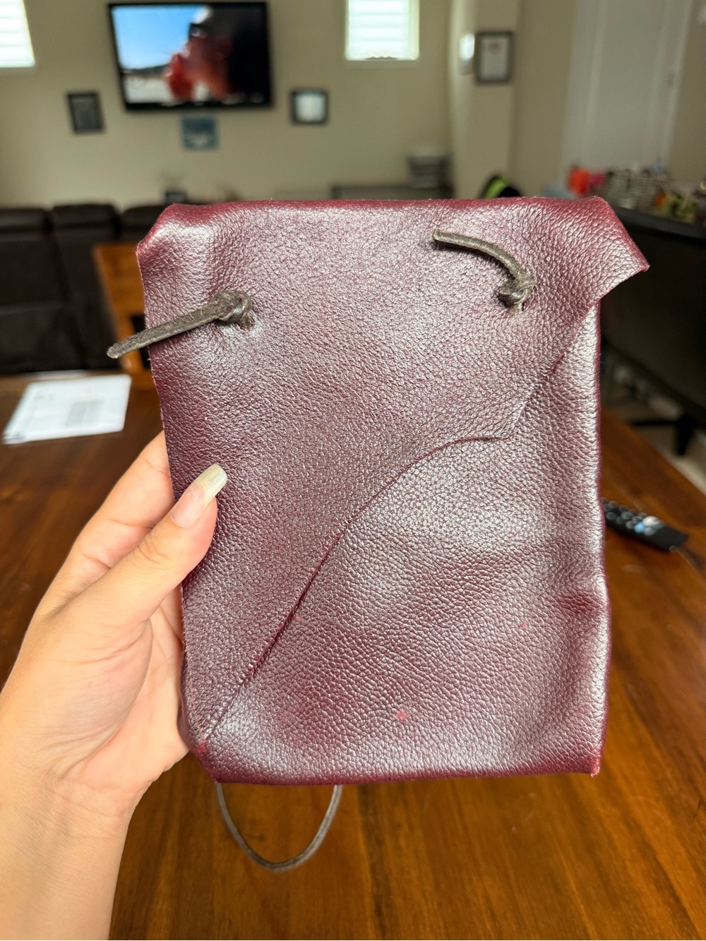 Burgundy Drawstring Leather Pouch